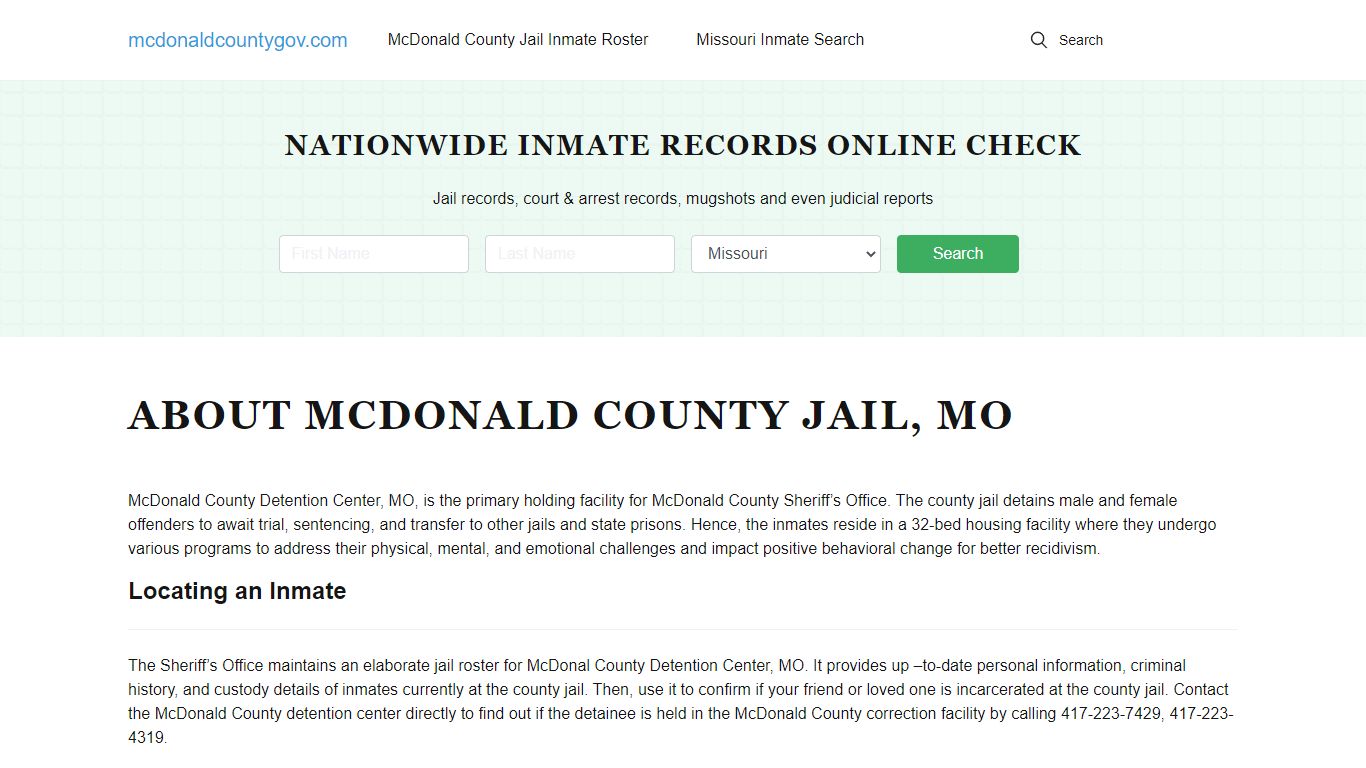 About McDonald County Jail, MO, Inmate Search, Sheriff's Office